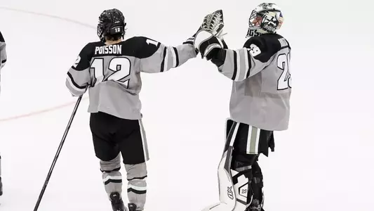 Providence College Ice Hockey players Nick Poisson and Zachary Borgiel high five in game against ASU.
