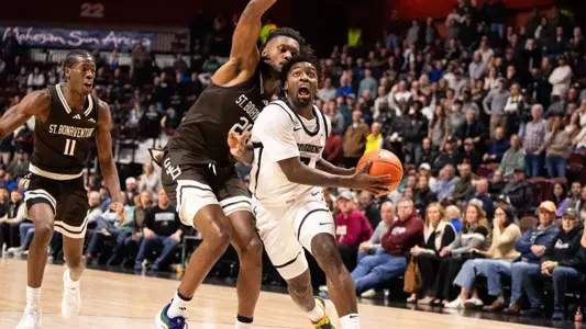 Bensley Joseph charging the hoop in game against Saint Bonaventure at the Amica Mutual Pavilion 2025 season