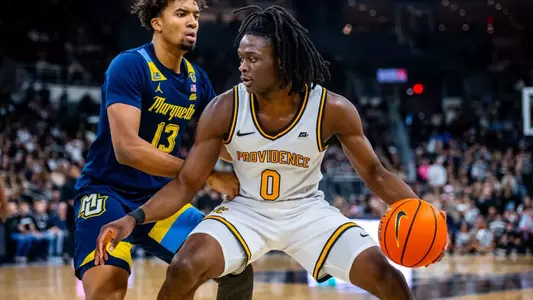 Mens basketball player Wesley Cardet Junior on court at the Amica Mutual Pavilion in game against Marquette 2025