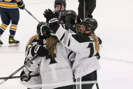 Women's Ice Hockey players celebrate after a goal is scored.