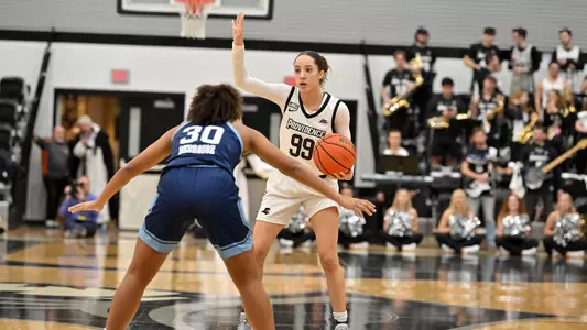 Laryn Edwards sets up a play against URI during a women's basketball game at Providence