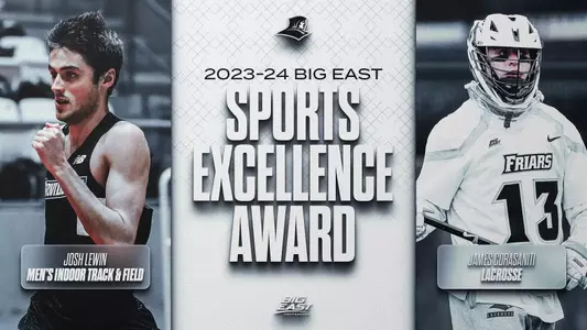 Graphic promoting the 2023-24 BIG EAST Sports Excellence Award Josh Lewin Men's Indoor Track and Field, picture of Josh Lewin running; James Corasaniti Lacrosse, picture of James Corasaniti