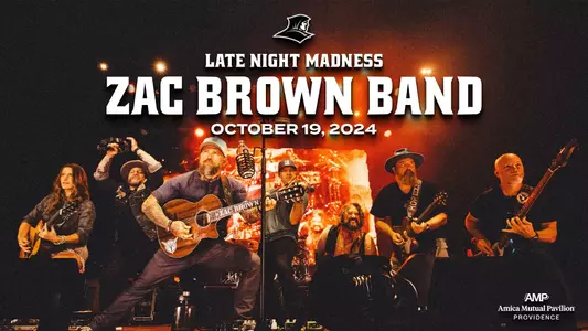 Graphic promoting the Zac Brown Band preformance on October 19, 2024 at the Amica Mutual Pavilion for Late Night Madness.