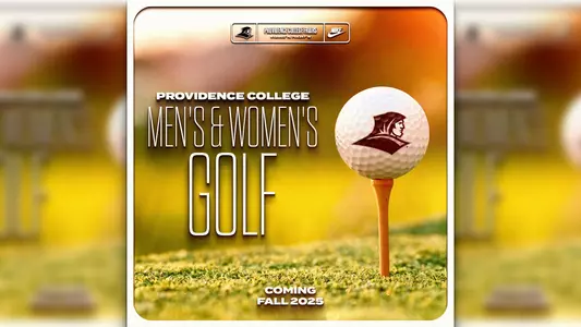 Providence College Men's and Women's Golf coming Fall 2025, picture of a golf ball on a tee with Friar head logo