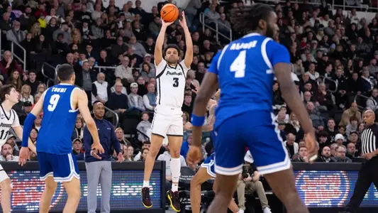 Jabri Abdur-Rahim releases the ball to take a shot in game against Seton Hall at the Amica Mutual Pavilion 2025
