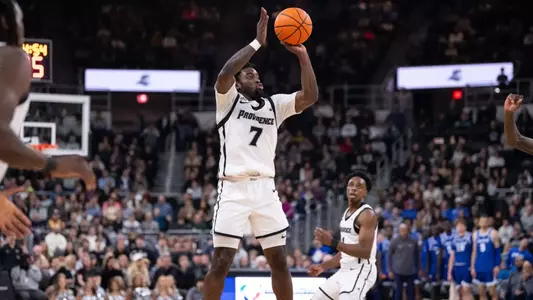 Bensley Joseph mid shot in game against Seton Hall at the Amica Mutual Pavilion 2025