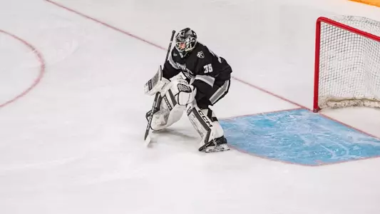 Providence College Ice Hockey player Philip Svedeback prepares to defend the net at Dartmouth