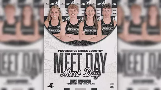 A graphic featuring Providence College cross country runners Gabrielle Schmidt, Oliver Neate, Cara Laverty and Cormac Dixon for the Cross Country BIG EAST Championship