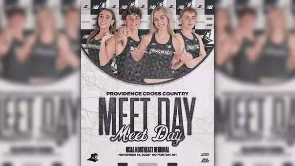 A graphic featuring cross country runners Emily Bush, Elliott Pugh, Anna Gardiner and Daniel Prescott for the upcoming Cross Country Northeast Regional meet