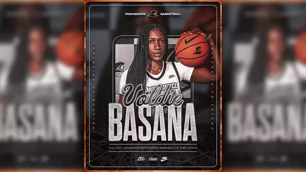 A graphic featuring Voldie Basana holding a basketball on her shoulder and posing in a white uniform to announce her commitment to Providence College women's basketball.