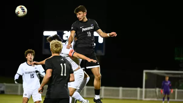 Sam Montalto jumps for a header against Georgetown in the BIG EAST Semifinal round.