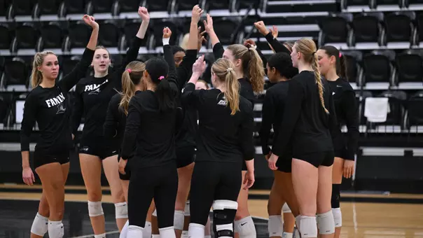 Volleyball Team Huddle during warmups at Alumni Hall in Providence, R.I. during a conference game against Xavier.