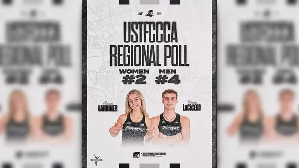 A graphic with cross country runners Anna Gardiner and Ryan LoCicero showing the women finishing in second and the men in fourth in the final Northeast Regional Cross Country poll