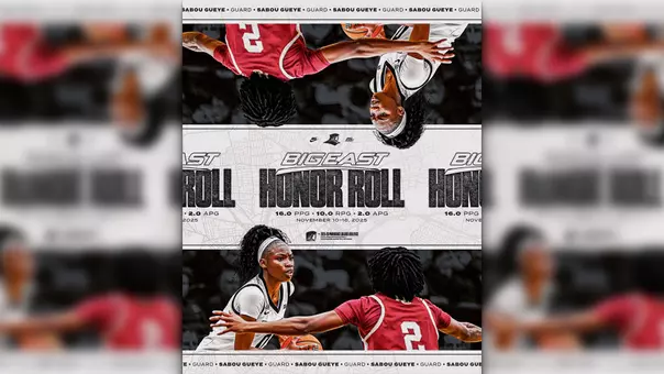 A graphic featuring Sabou Gueye dribbling a basketball against a defender from Boston College. The graphic is to announce Sabou Gueye's selection to the BIG EAST Weekly Honor Roll spanning November 10-16.