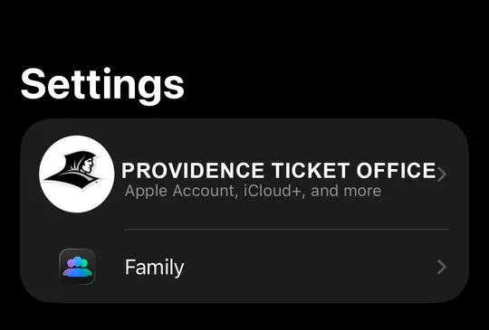 Screenshot of the settings page of an iPhone. Says Providence Ticket Office instead of the individuals account.