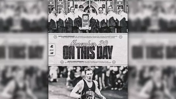 A graphic for the anniversaries of the women's cross country national championship and Keith Kelly's individual championship