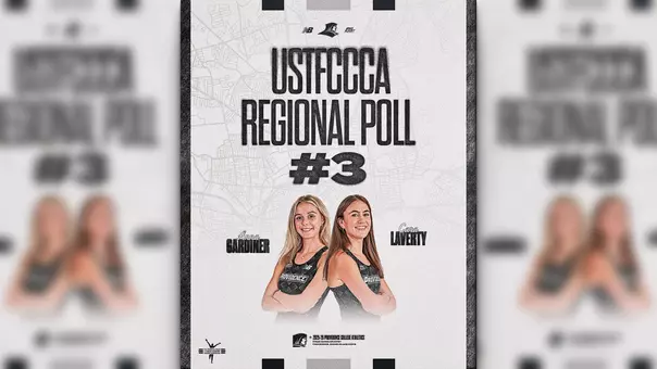 A graphic with cross country runners Anna Gardiner and Cara Laverty showing the women's cross country team ranked third in the Northeast Region