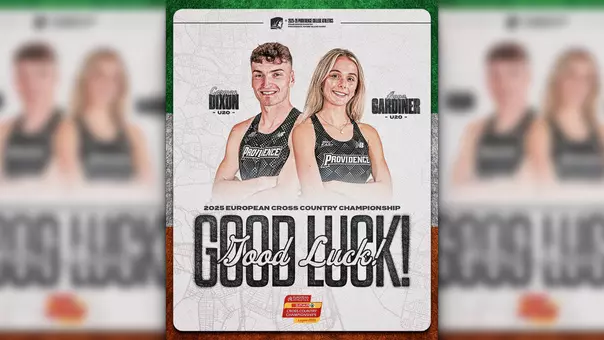 A graphic featuring Providence College cross country runners Cormac Dixon and Anna Gardiner as they get set to compete for Ireland in the European Cross Country Championship