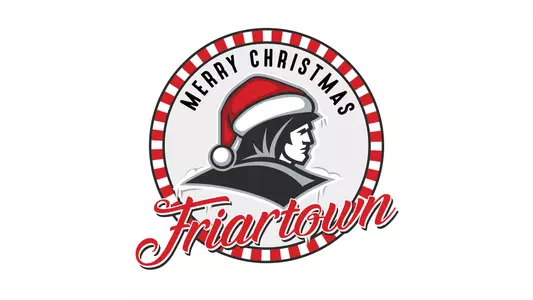 Merry Christmas Friartown Friar head logo with Santa Hat
