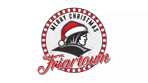 Merry Christmas Friartown Friar head logo with Santa Hat