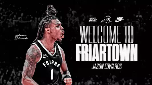 Welcome to Friartown Jason Edwards picture of Jason Edwards wearing number 1 on a black Friars basketball jersey