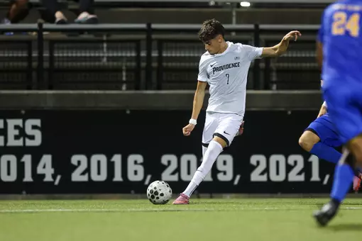 Men's Soccer player Bruno Rosa kicking the ball on August, 25, 2025; Chapey Field at Anderson Stadium, Rhode Island; during a non conference matchup between New Haven and Providence College. Photo by Brian Foley for Foley Photography