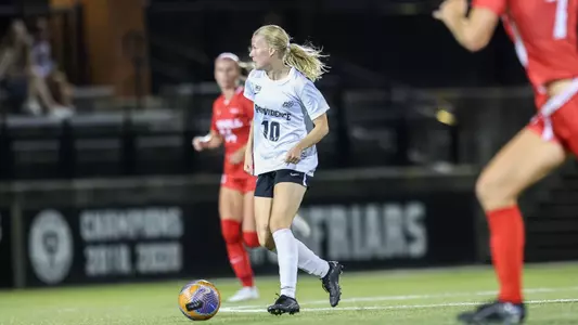 Isabella Kloock-Jensen takes the ball upfield on September, 11, 2025; Providence, Rhode Island; during a non conference matchup between Cornell and Providence College. The Friars and Big Red played to a 1-1 tie. Photo by Brian Foley for Foley Photography