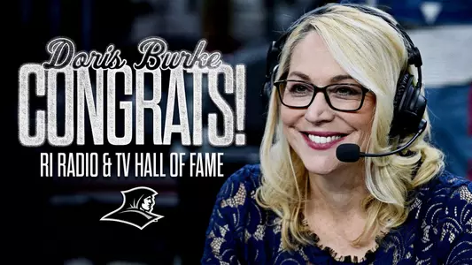 A graphic featuring Doris Burke congratulates her for being inducted into the Rhode Island Radio and Television Hall of Fame.