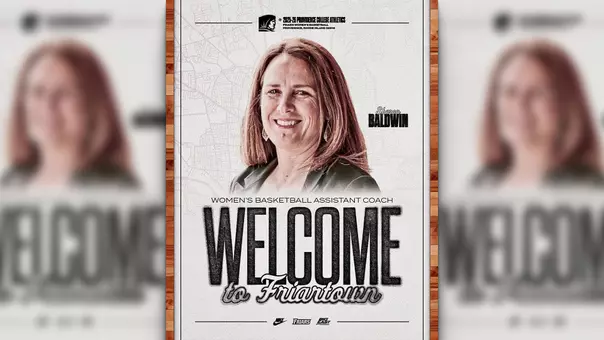 A graphic featuring a head shot of Sharon Baldwin to announce her hire as assistant women's basketball coach at Providence College.
