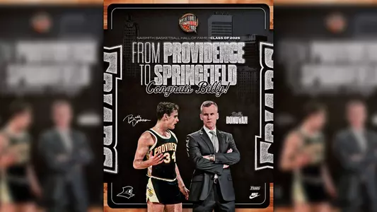 From Providence to Springfield Congrats Billy! Billy Donovan in Providence basketball uniform and current age Billy Donovan in suit and tie, Naismith Basketball Hall of Fame Class of 2025