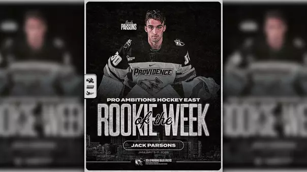 Graphic announcing men's hockey's Jack Parsons as Hockey East Rookie of the Week
