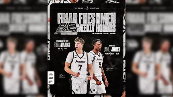 Friar Freshmen BIG EAST Weekly Honors January 12 through 18, 2026, Freshman of the week, Stefan Vaaks, 22.5 points per game, 4 assists per game, Jamier Jones, 20.5 points per game, 6.5 rebounds per game, 2.5 steals per game
