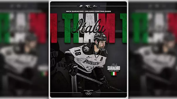 Graphic announcing men's hockey alumnus Nick Saracino named to the Team Italy roster for the 2026 Milano Cortina Olympics