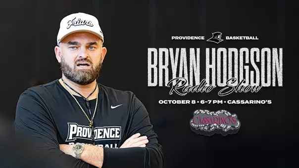 Bryan Hodgon Radio Show October 8 at Cassarino's, 6 to 7 pm, Bryan Hodgson with his arms folded wearing a white Friars hat during practice