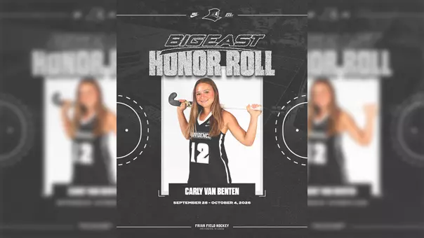 Carly van Benten graphic to announce she was named to the BIG EAST Honor Roll for the week of September 28 through October 4. Van Benten is featured in the middle of the graphic wearing a black uniform with white trim and she's holding a field hockey stick across the back of her shoulders.