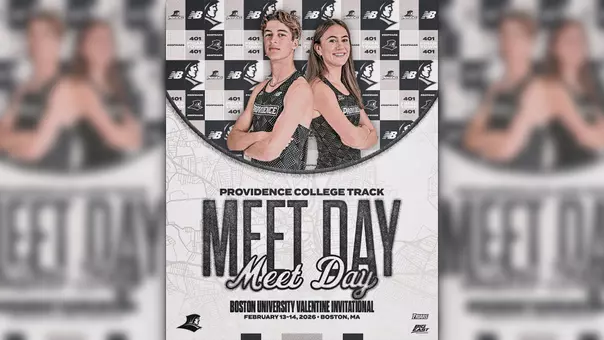 A graphic featuring track runners Tom Breen and Cara Laverty for the Boston University Valentine Invitational meet