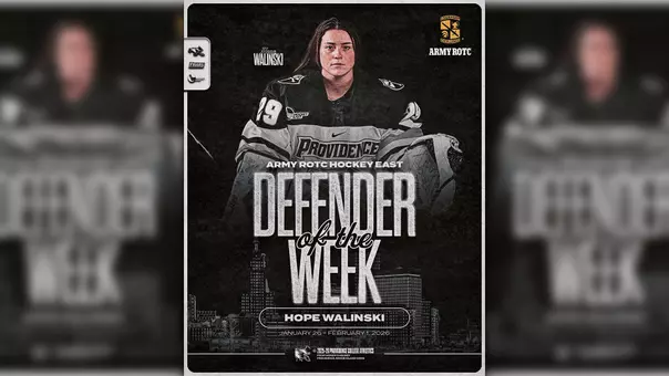 A graphic of Providence College women's goaltender Hope Walinski, recognizing her for receiving the Hockey East Defender of the Week award