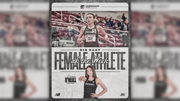 A graphic of women's track runner Maeve O'Neill after winning BIG EAST Female Athlete of the Week