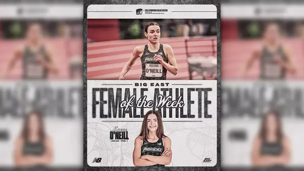 A graphic of Providence College track runner Maeve O'Neill for earning the BIG EAST Female Track Athlete of the Week award