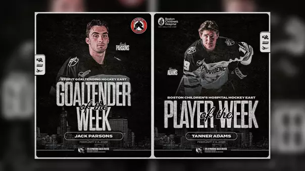 Graphic announcing men's hockey's Jack Parsons and Tanner Adams as Hockey East Goaltender and Player of the Week respectively