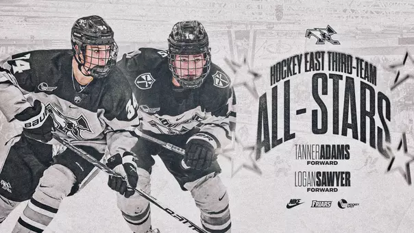 Graphic announcing Tanner Adams and Logan Sawyer as Hockey East Third Team All-Stars