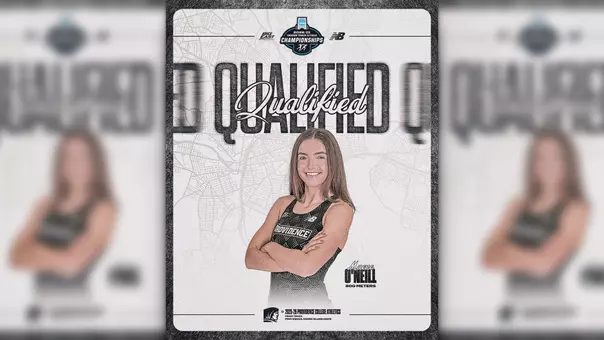 A graphic for women's track runner Maeve O'Neill qualifying for the NCAA Indoor Track and Field Championships