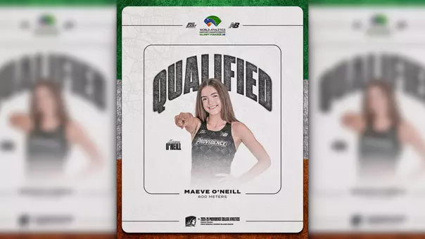 A graphic of women's track runner Maeve O'Neill, recognizing her for qualifying for the semifinals of the 800 meters at the 2026 World Indoor Championships