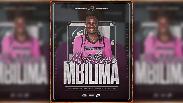 A graphic featuring a photo of Marlene Mbilima wearing a pink women's basketball uniform that announces her commitment to Providence College. The graphic says Welcome to Friartown Marlene Mbilima.