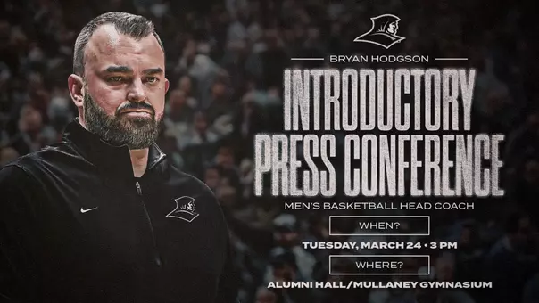 Bryan Hodgson Introductory Press Conference, Men's Basketball Head Coach, When? Tuesday, March 24, 3pm, Where? Alumni Hall/Mullaney Gymnasium, Friar Logo, Bryan Hodgson in Friar Quarter zip coaching during a game