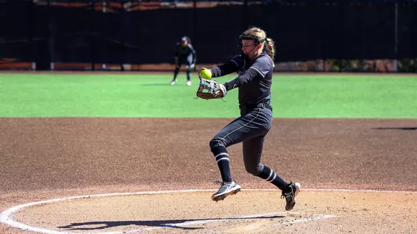 Alannah Hopkins fires a pitch during a Big East conference matchup between Depaul and Providence held at Glay Field. Photo by Brian Foley for Foley Photography