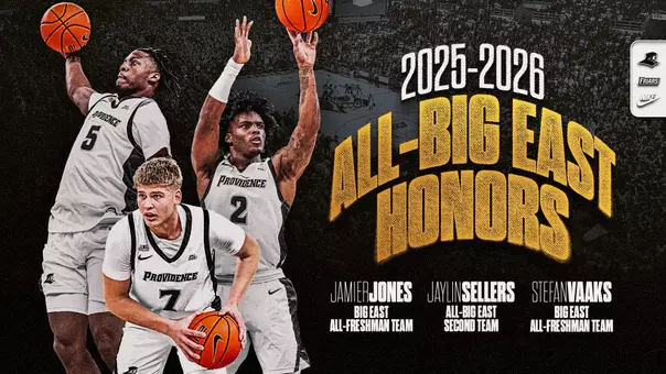 2025-26 All- BIG EAST Honors Jamier Jones BIG EAST All-Freshman Team, Stefan Vaaks BIG EAST All-Freshman Team, Jaylin Sellers All-BIG EAST Second Team, Jamier Jones in game action, Stefan Vaaks in game action, Jaylin Sellers in game action