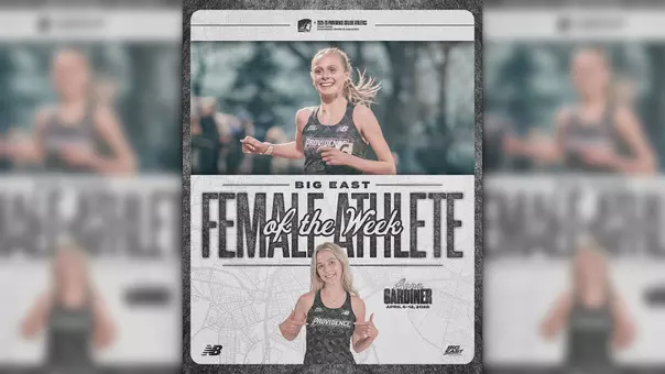 A graphic of women's track runner Anna Gardiner being recognized for winning BIG EAST Track Athlete of the Week