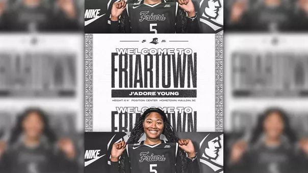 A graphic that features women's basketball player J'Adore Young posing for a photo in a black Providence uniform and holding the front of her jersey to emphasize the word Friars.