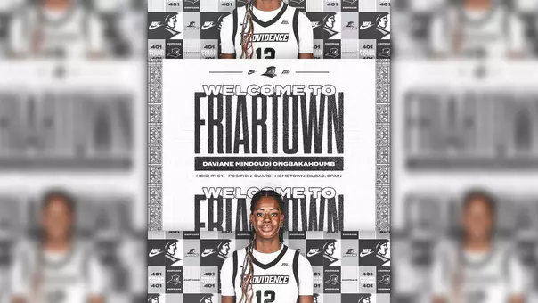 A graphic featuring women's basketball player Daviane Mindoudi Ongbakahoumb to announce that she has signed to attended Providence College.
